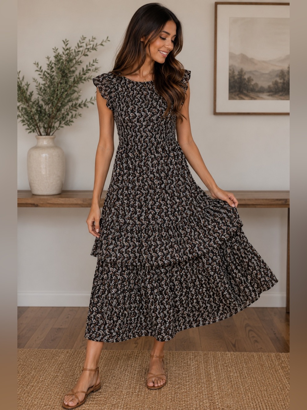 WHO WHAT WEAR Floral Tiered  Dress Size L Black Daisy Print Ruffle Sleeves Lined